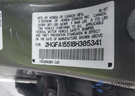 2008 Honda Civic Lx из США, поврежденный, VIN 2HGFA15518H305341